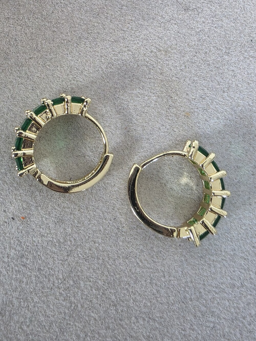14K Gold Filled Emerald Green Baguette Huggie Hoop Earrings - Picture 5 of 7